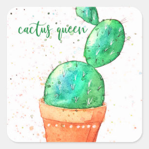 Cactus Queen Waterverf Vierkante Sticker