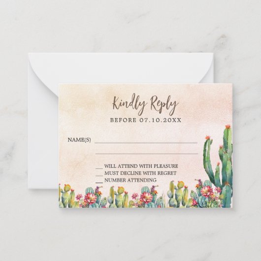 Cactus roos gouden rustieke trouwreactie RSVP Notitiekaartje (Voorkant)