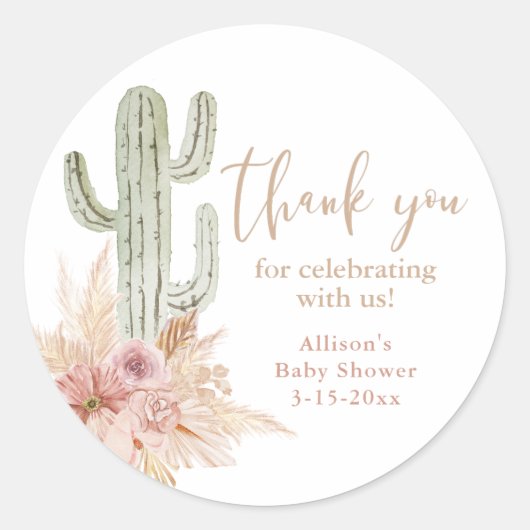 Cactus roze bloem boho meisje baby shower dank je ronde sticker (Voorkant)