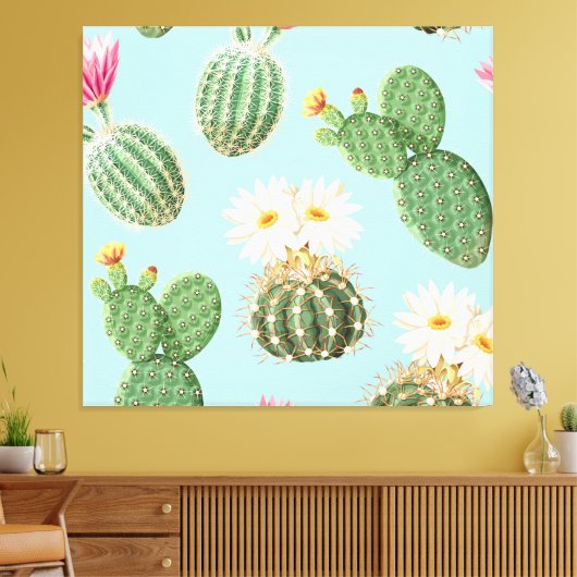 Cactus, roze bloemen: licht decor canvas afdruk (Insitu (Woonkamer))