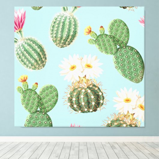 Cactus, roze bloemen: licht decor canvas afdruk (Insitu (Houten vloer))