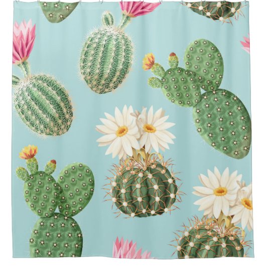Cactus, roze bloemen: licht decor douchegordijn (Voorkant)