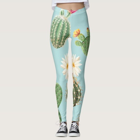 Cactus, roze bloemen: licht decor leggings (Voorkant)