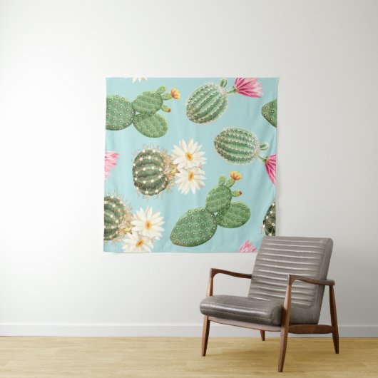 Cactus, roze bloemen: licht decor wandkleed (In Situ (horizontaal))