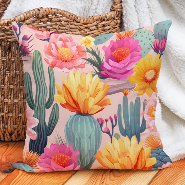 Cactus Roze Geel Sinaasappel Groene Woestijn Kussen (Cactus with pink and yellow floral pillow)
