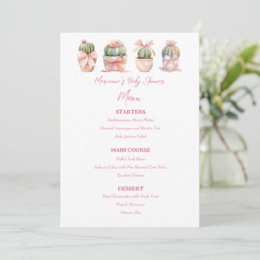 Cactus Roze Lint Baby Meisje Douche Menu (Staand voorkant)