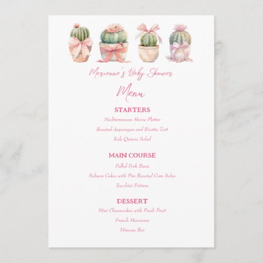 Cactus Roze Lint Baby Meisje Douche Menu (Voorkant)