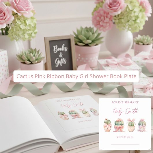 Cactus Roze Lint Baby Meisje Shower Boek Bord Vierkante Sticker