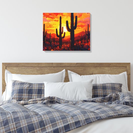 Cactus Silhouettes Premium Wrapped Canvas Muurkuns (Insitu (Slaapkamer))