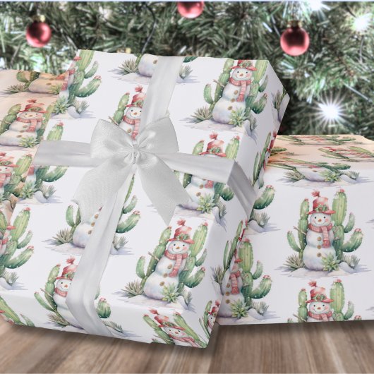 Cactus Sneeuwman Kerstmis Cadeaupapier