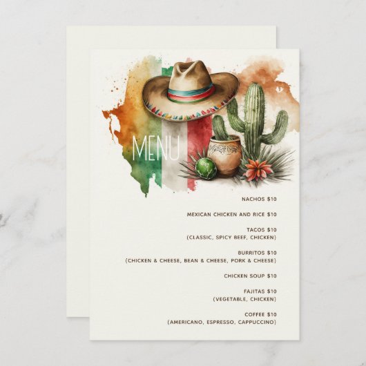 Cactus, sombrero fiesta party. Mexicaans voedselca Menu (Voorkant / Achterkant)