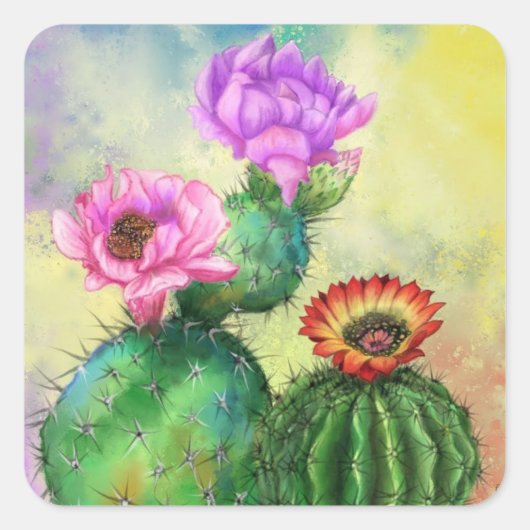 Cactus Sticker Mooie kleur Bloemen (Voorkant)