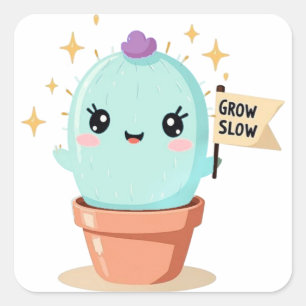 Cactus StickerGrow Slow – Schattige Kawaii Pastel Vierkante Sticker