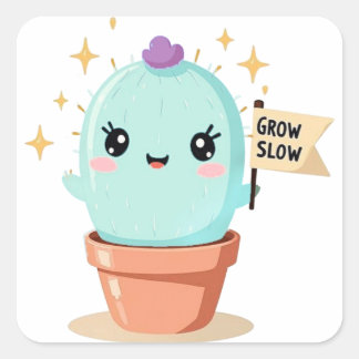 Cactus StickerGrow Slow – Schattige Kawaii Pastel Vierkante Sticker