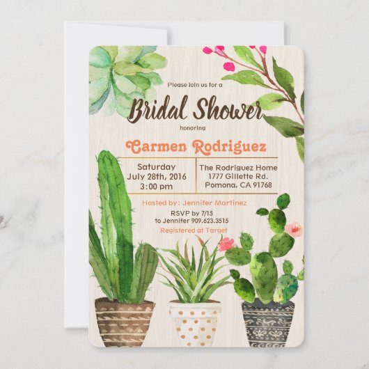 Cactus Succulent Bloemen Bruids Douche Uitnodiging (Voorkant)