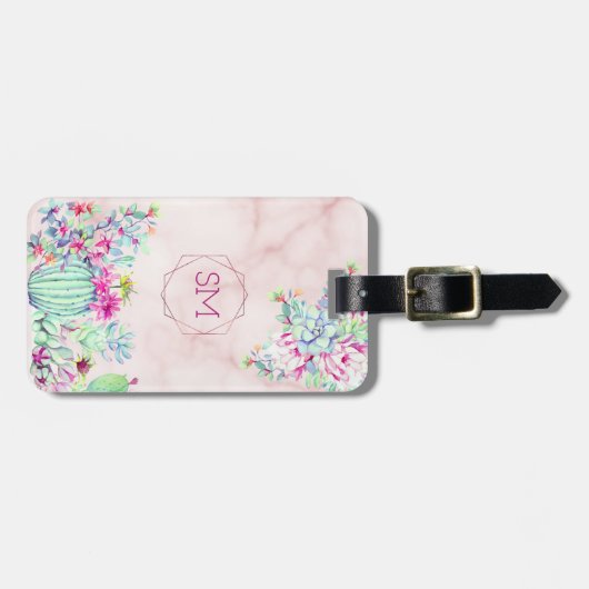 Cactus Succulent Blush Marmer Geometrisch Monogram Bagagelabel (Voorkant horizontaal)