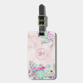 Cactus Succulent Blush Marmer Geometrisch Monogram Bagagelabel