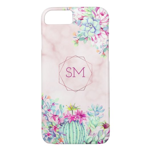 Cactus Succulent Blush Marmer Geometrisch Monogram Case-Mate iPhone Case (Achterkant)