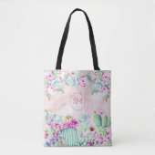 Cactus Succulent Blush Marmer Geometrisch Monogram Tote Bag (Voorkant)