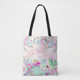 Cactus Succulent Blush Marmer Geometrisch Monogram Tote Bag