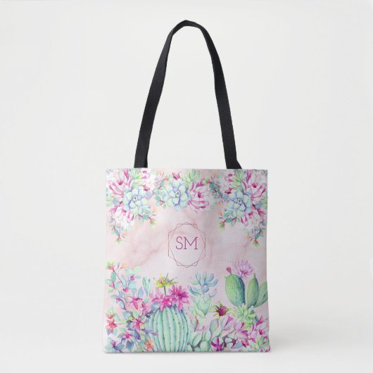 Cactus Succulent Blush Marmer Geometrisch Monogram Tote Bag (Voorkant)