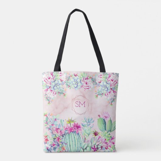 Cactus Succulent Blush Marmer Geometrisch Monogram Tote Bag (Achterkant)