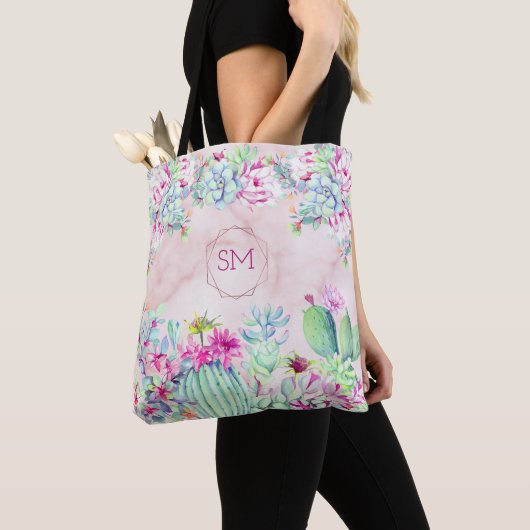 Cactus Succulent Blush Marmer Geometrisch Monogram Tote Bag (Dichtbij)