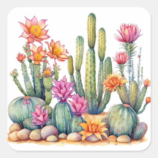 Cactus Succulent Botanische Waterverf Schilderen Vierkante Sticker (Voorkant)