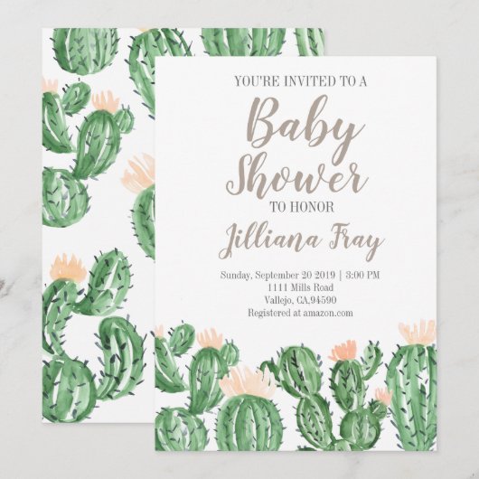 Cactus succulent cute baby shower uitnodiging (Voorkant / Achterkant)