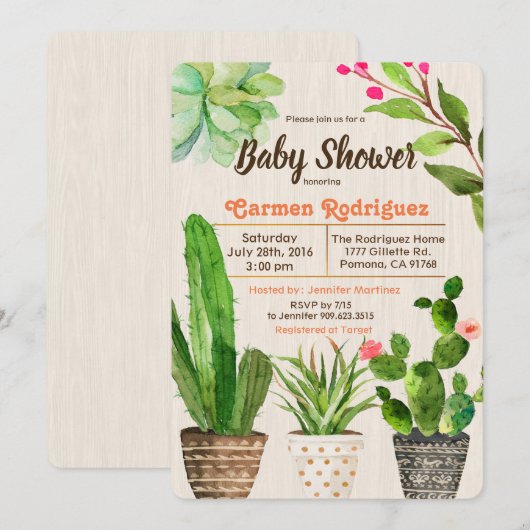 Cactus Succulent Floral Baby shower Invitation Kaart (Voorkant / Achterkant)