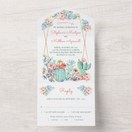 Cactus Succulent Geometric Coral Wedding All In One Uitnodiging (Binnen)