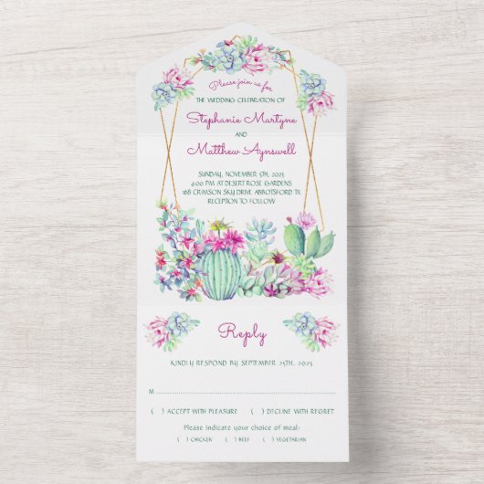 Cactus Succulent Geometric Pink Wedding All In One Uitnodiging (Binnen)