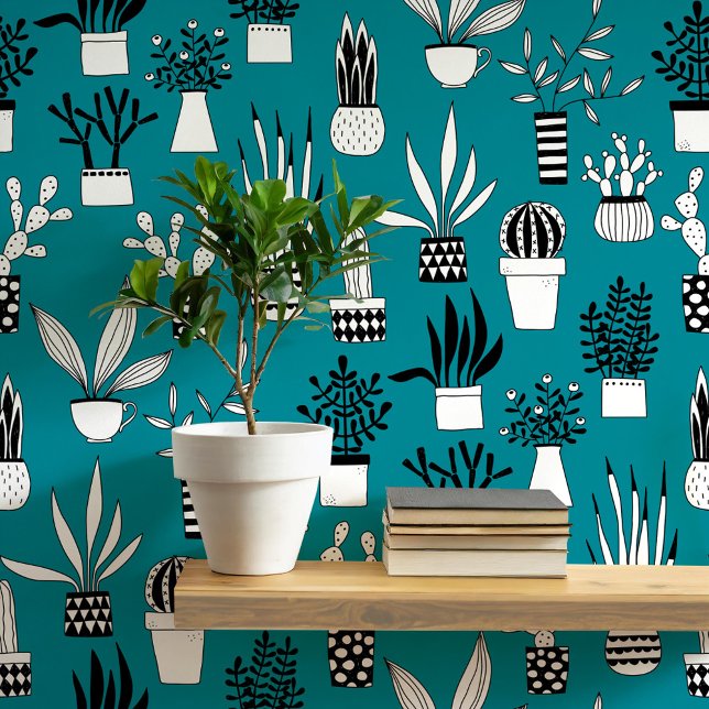 Cactus Succulent House Plant Blauwgroen Groene Kun Behang (Cactus and succulent teal green art wallpaper)