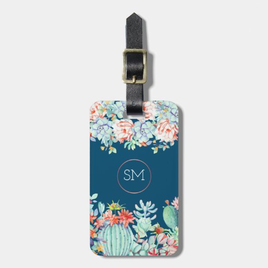 Cactus Succulent Monogram Ocean Blue Gepersonalise Bagagelabel (Voorkant verticaal)