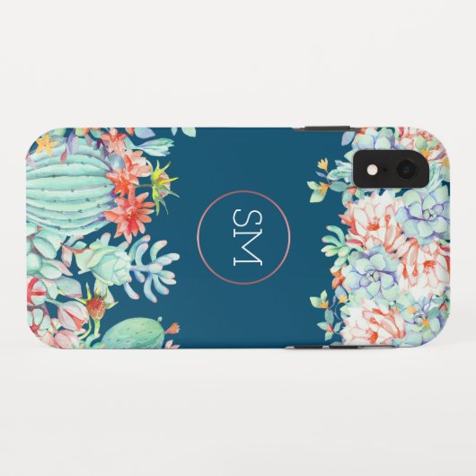 Cactus Succulent Monogram Ocean Blue Monogram Case-Mate iPhone Case (Achterkant (horizontaal))