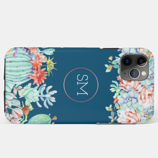 Cactus Succulent Monogram Ocean Blue Monogram Case-Mate iPhone Case (Achterkant (horizontaal))