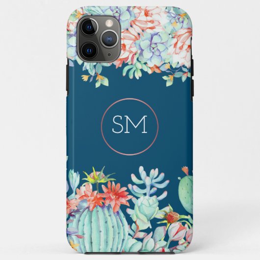 Cactus Succulent Monogram Ocean Blue Monogram Case-Mate iPhone Case (Achterkant)
