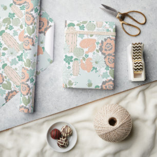 Cactus Succulent Pattern Coral Green Cadeaupapier