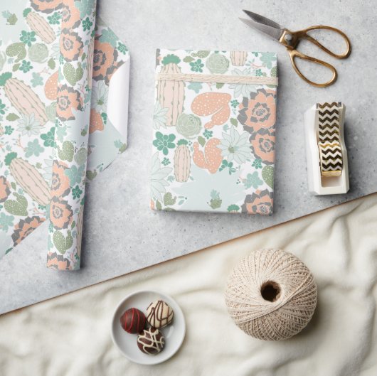 Cactus Succulent Pattern Coral Green Cadeaupapier (Crafts)