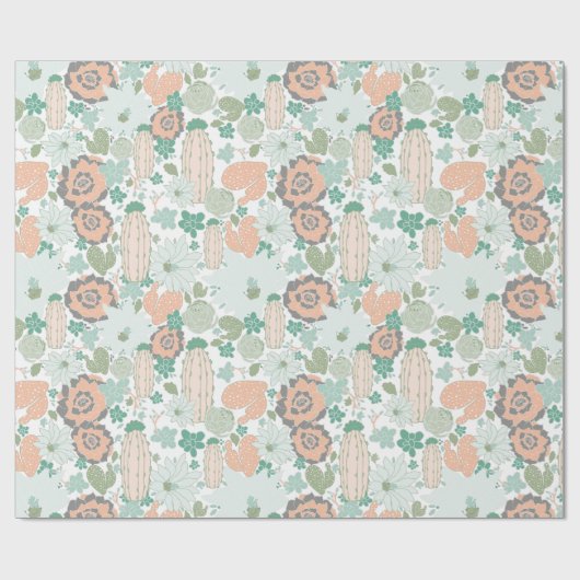 Cactus Succulent Pattern Coral Green Cadeaupapier (Vlak)