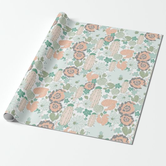 Cactus Succulent Pattern Coral Green Cadeaupapier (Uitgerold)