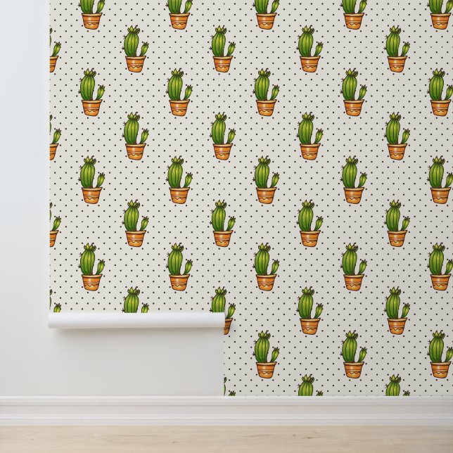 Cactus & Succulent Polk Dot Pattern Behang (Applicatie)