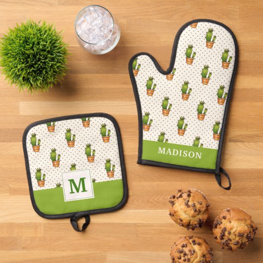 Cactus & Succulent Polk Dot Pattern Ovenwant & Pannenlap Set (Top down)
