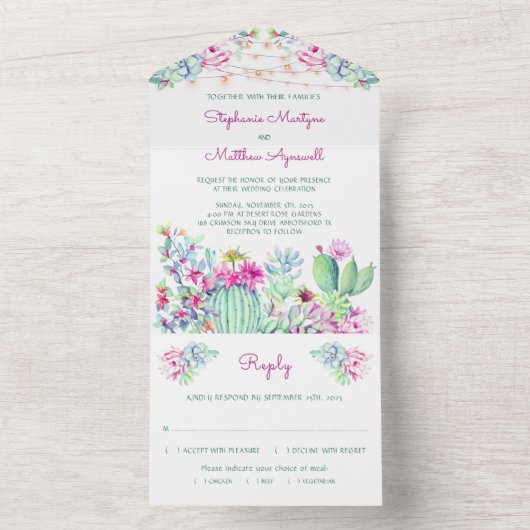 Cactus Succulent String Licht Pink Wedding All In One Uitnodiging (Binnen)
