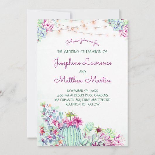 Cactus Succulent String Lights Bruiloft Uitnodigin Kaart (Voorkant)