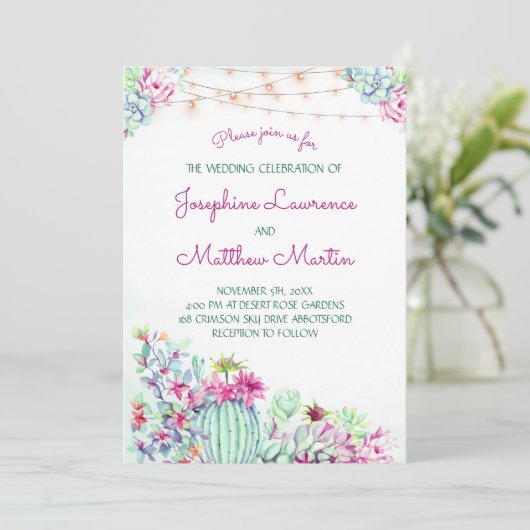 Cactus Succulent String Lights Bruiloft Uitnodigin Kaart (Staand voorkant)