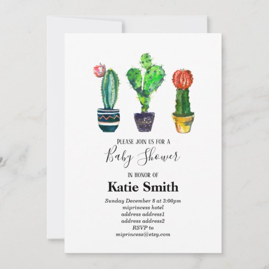 cactus, succulent, waterverf, fiesta, baby shower kaart (Voorkant)