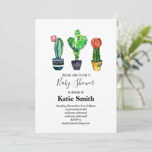 cactus, succulent, waterverf, fiesta, baby shower kaart (Staand voorkant)