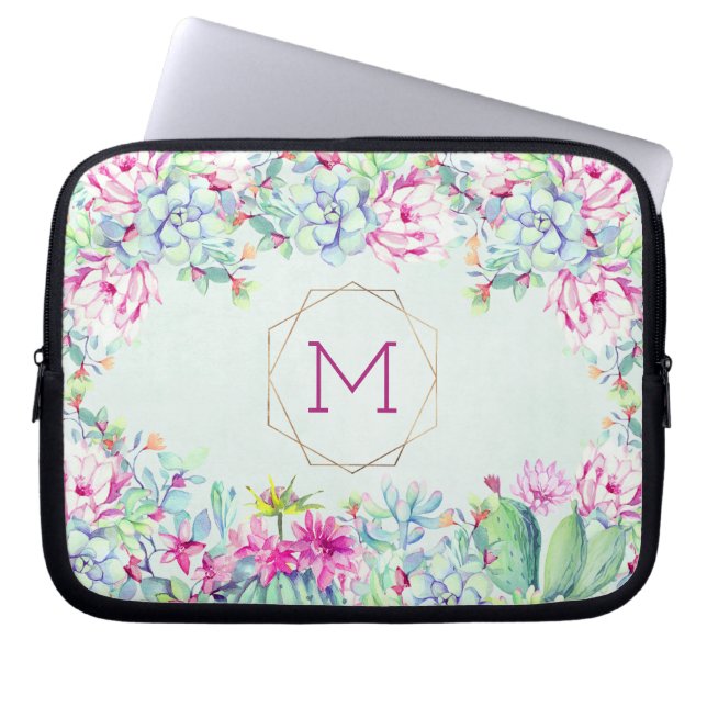 Cactus succulenten monogram geometrisch monogram laptop sleeve (Voorkant)