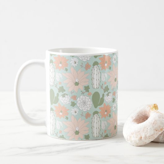 Cactus Succulents Fun Peach Mint Floral Koffiemok (Met donut)